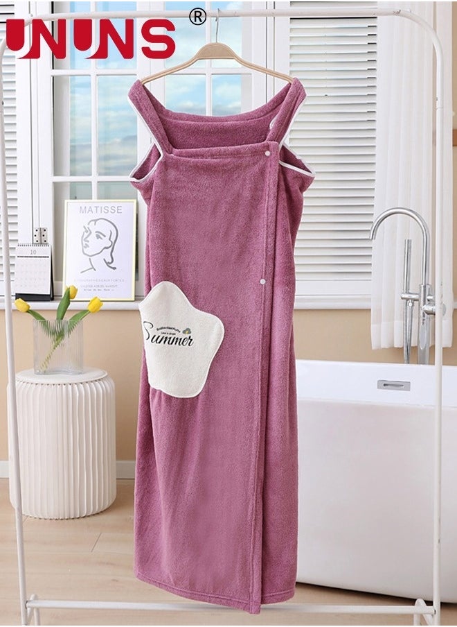 Bath Robe With Pocket,Off-shoulder Wearable Bath Towel With Snap Button,Bathrobe Suitable For Sauna Beach Swimming Pool Gym Travel,Purple