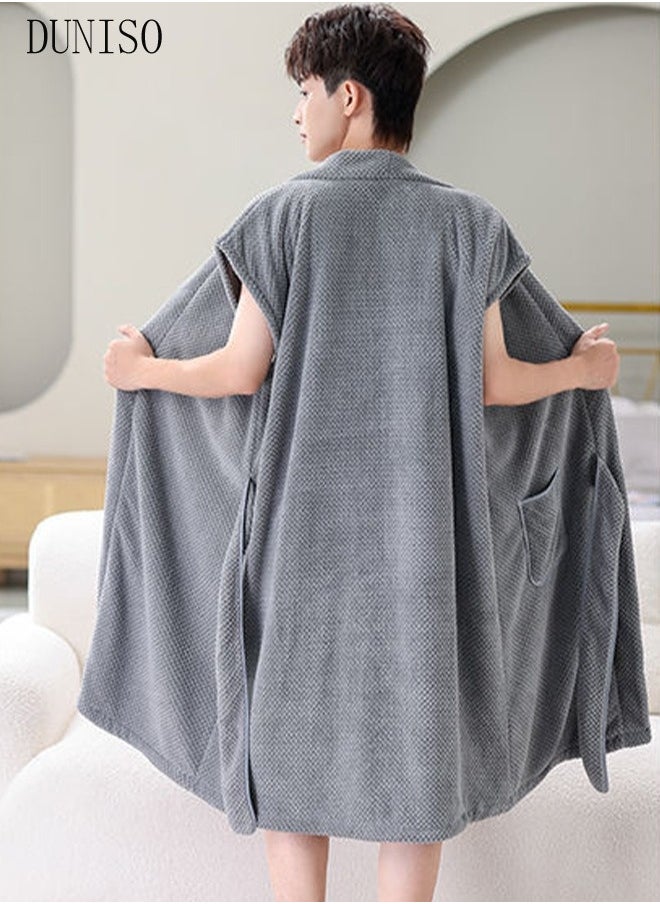 Men's Bath Robe, Wearable Bath Towel with Side Pocket Wrap Shower Wrap Towel Dress Bathrobe Waffle Spa Towel Robes with Adjustable Closure Quick Dry Lightweight Cover Up