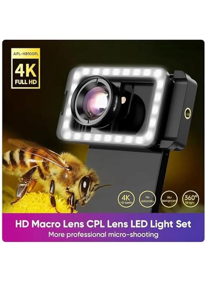 100mm Phone Macro Lens, 10X HD Macro Photography Lens with LED Light CPL Handheld Pocket Macro Lens Kit for Smartphone, Cell Phone Macro Lens Attachment Universal for iOS for Android Phone