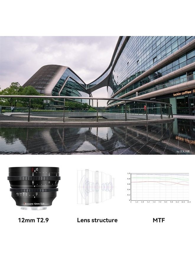 7 Artisans 12mm T2.9 Large Aperture APS-C Ultra Wide Angle Cine Lens, Manual Fixed Focus Low Distortion Cinema Lens Compatible for Sony E-Mount A7 Series FX3 A7S3 A7M3 A7R3 A7M4, Black