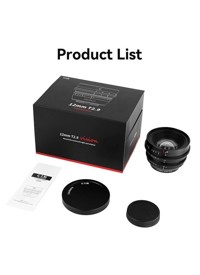 7 Artisans 12mm T2.9 Large Aperture APS-C Ultra Wide Angle Cine Lens, Manual Fixed Focus Low Distortion Cinema Lens Compatible for Fujifilm X-Mount, Black