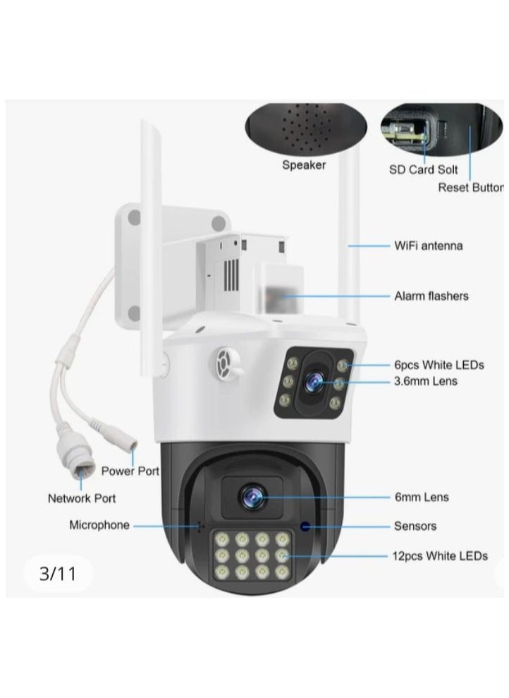 4MP Dual Lens WIFI PTZ Camera, Dual Monitoring, Full Color Night Vision, 2 Way Talking, Motion Detection, IP66 Waterproof, PTZ Control, 24/7 surveillance Camera,