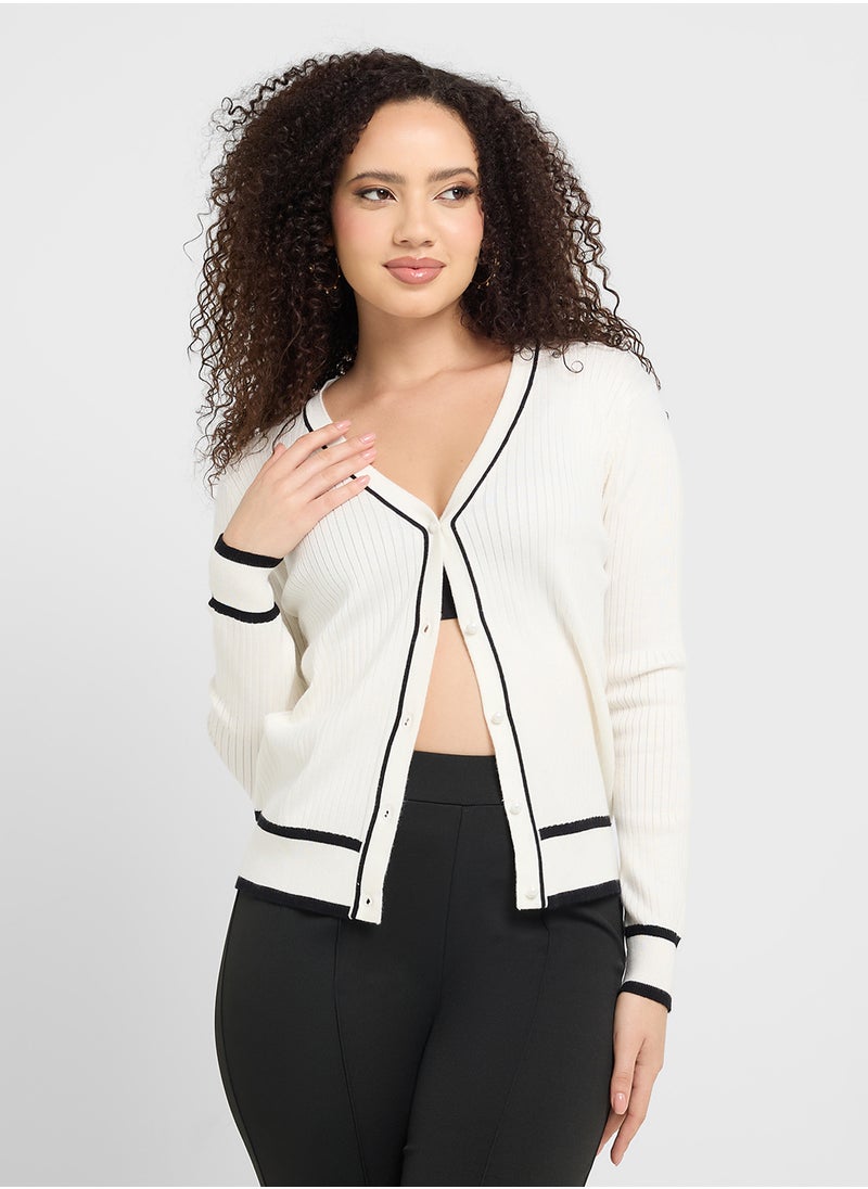 Fine Knit Cardigan With Contrast Trim