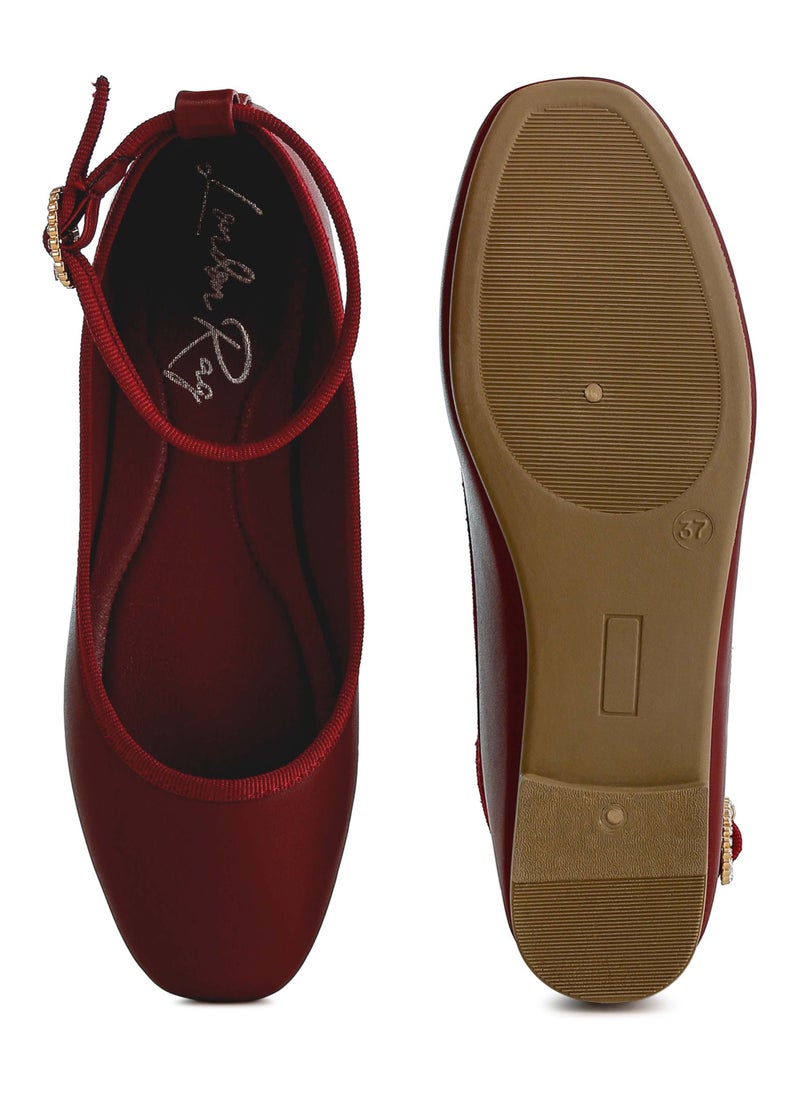 Ankle Strap Detail Ballet Flats in Burgundy