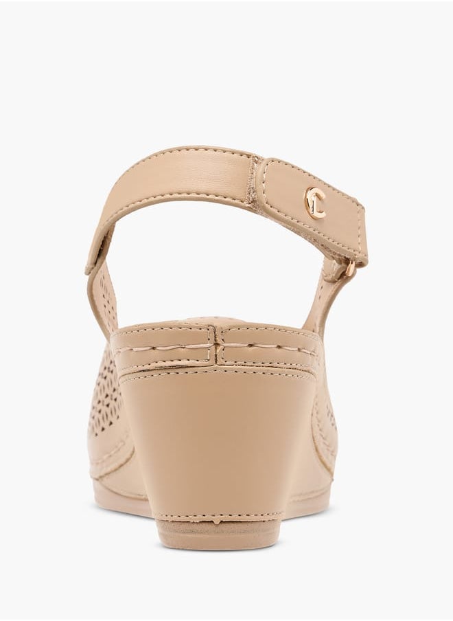 Women Cutwork Detail Wedge Heel Sandals with Hook and Loop Closure