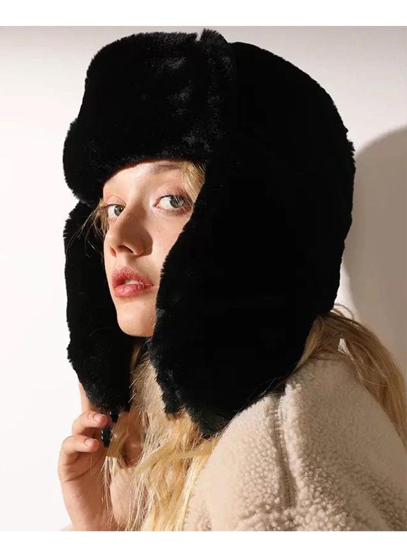 Black Plush Ear Clip-on Beret Hat