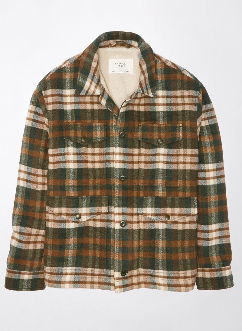 Plaid Button Up Color Block Jacket