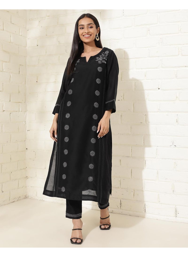 Black Cotton Silk Chikankari Kurta Pant & Slip Set