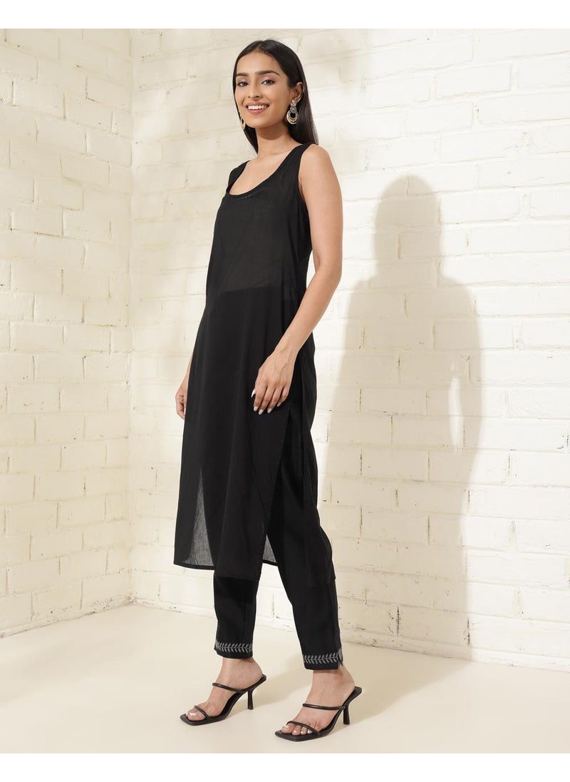 Black Cotton Silk Chikankari Kurta Pant & Slip Set