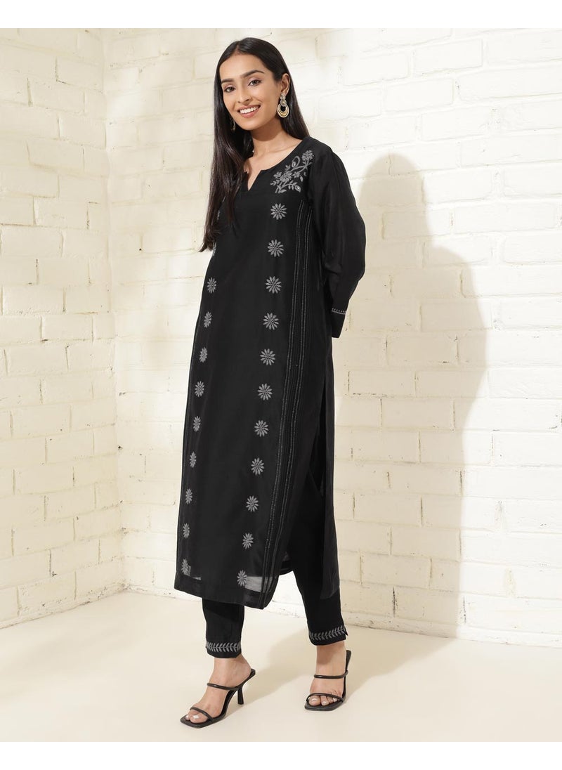 Black Cotton Silk Chikankari Kurta Pant & Slip Set