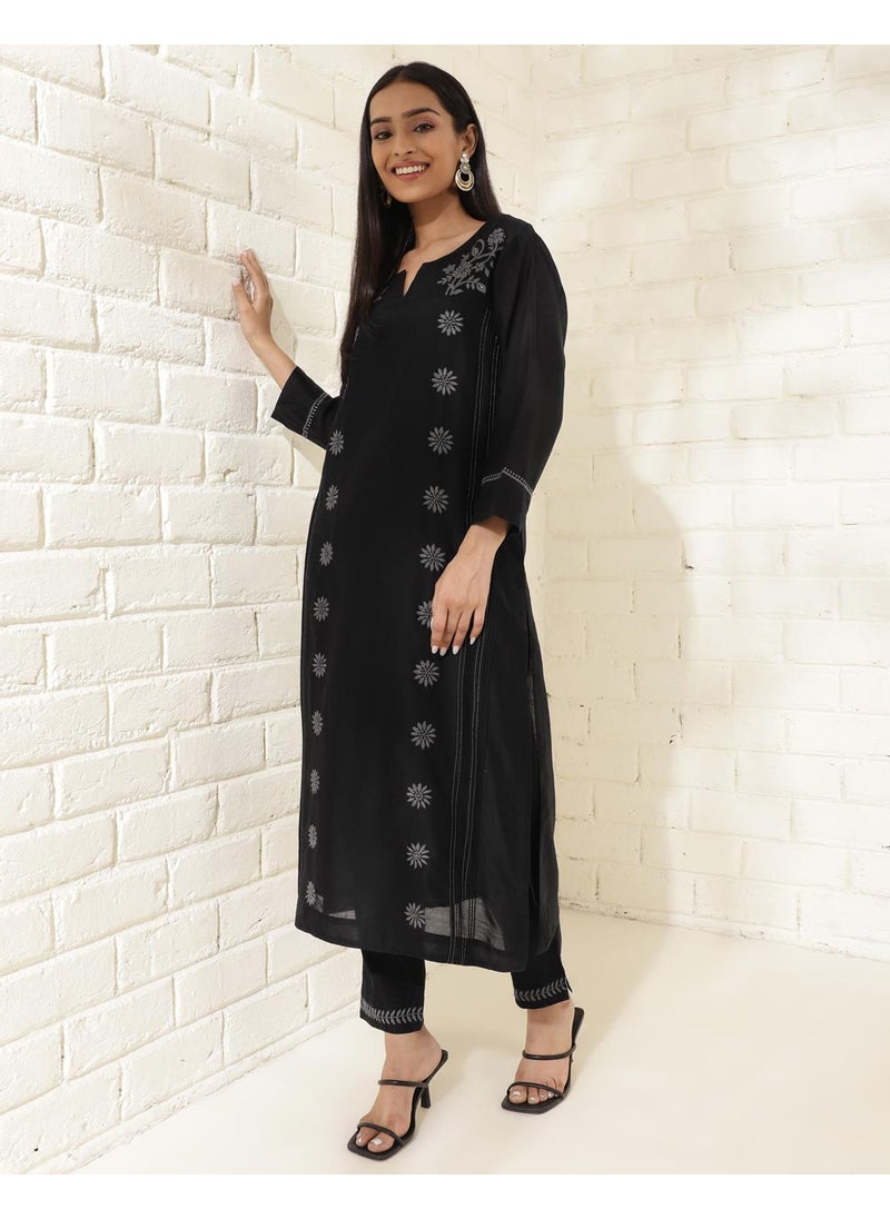 Black Cotton Silk Chikankari Kurta Pant & Slip Set