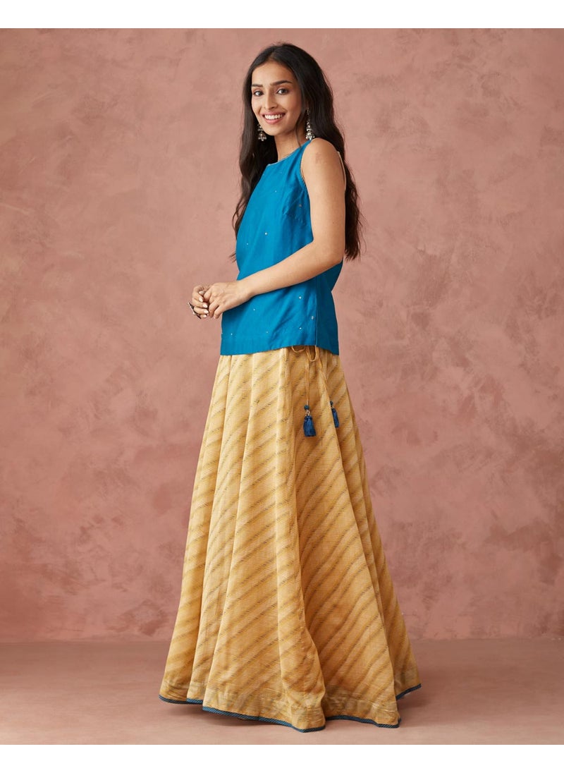 Blue Cotton Silk Hand Block Printed Choli & Skirt