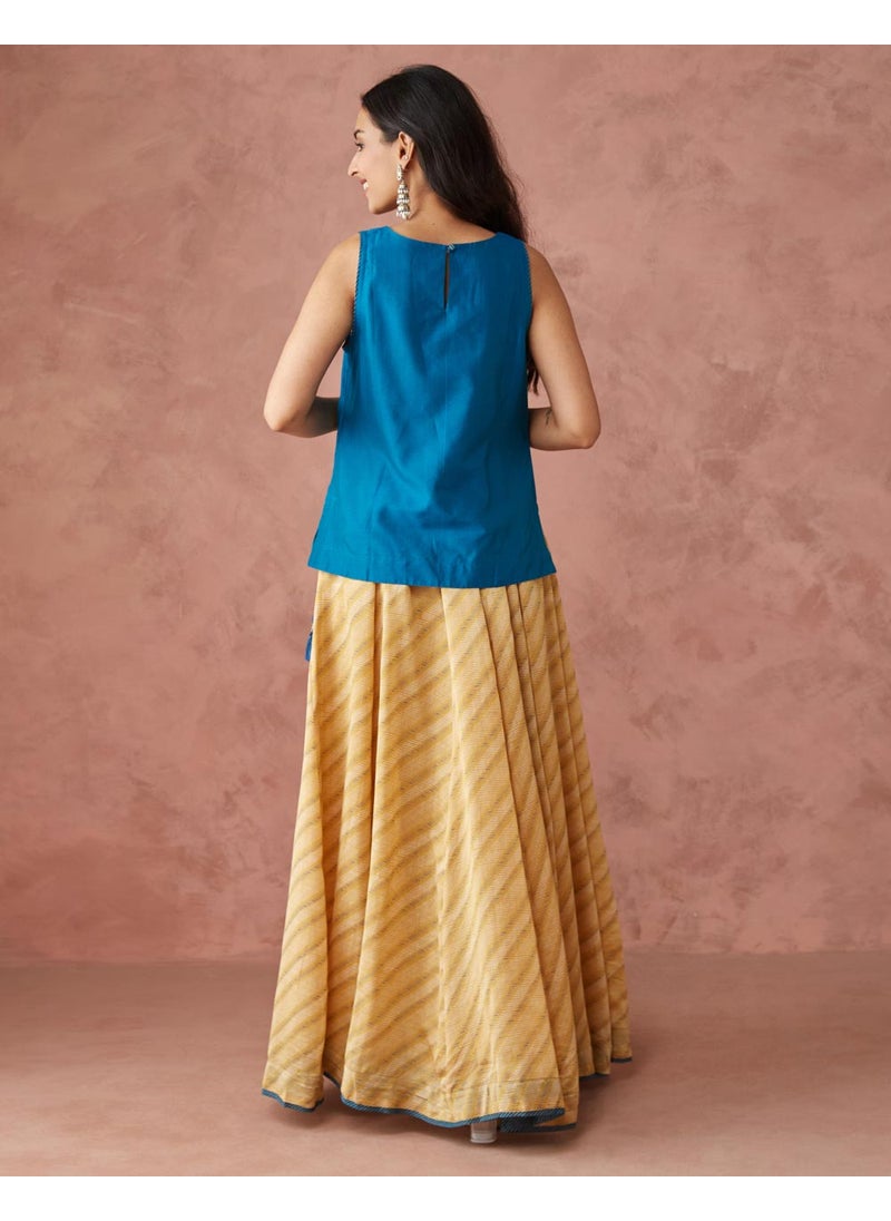 Blue Cotton Silk Hand Block Printed Choli & Skirt