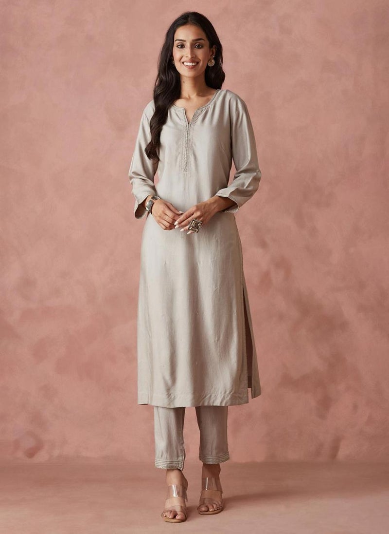 Grey Viscose Silk Regular Fit Pant & Kurta Set