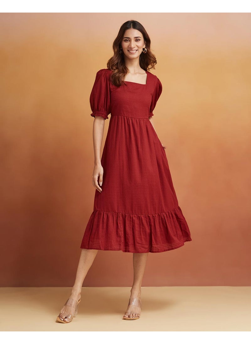 Red Cotton Regular Fit Midi Dress