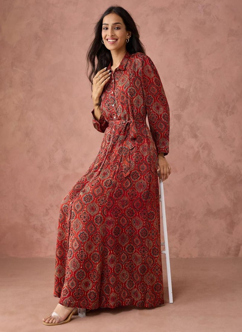 Red Rayon Blend Ajrakh Printed Maxi