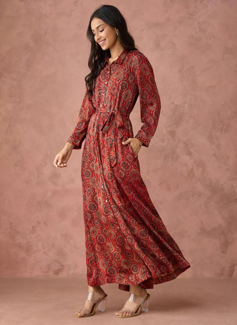 Red Rayon Blend Ajrakh Printed Maxi