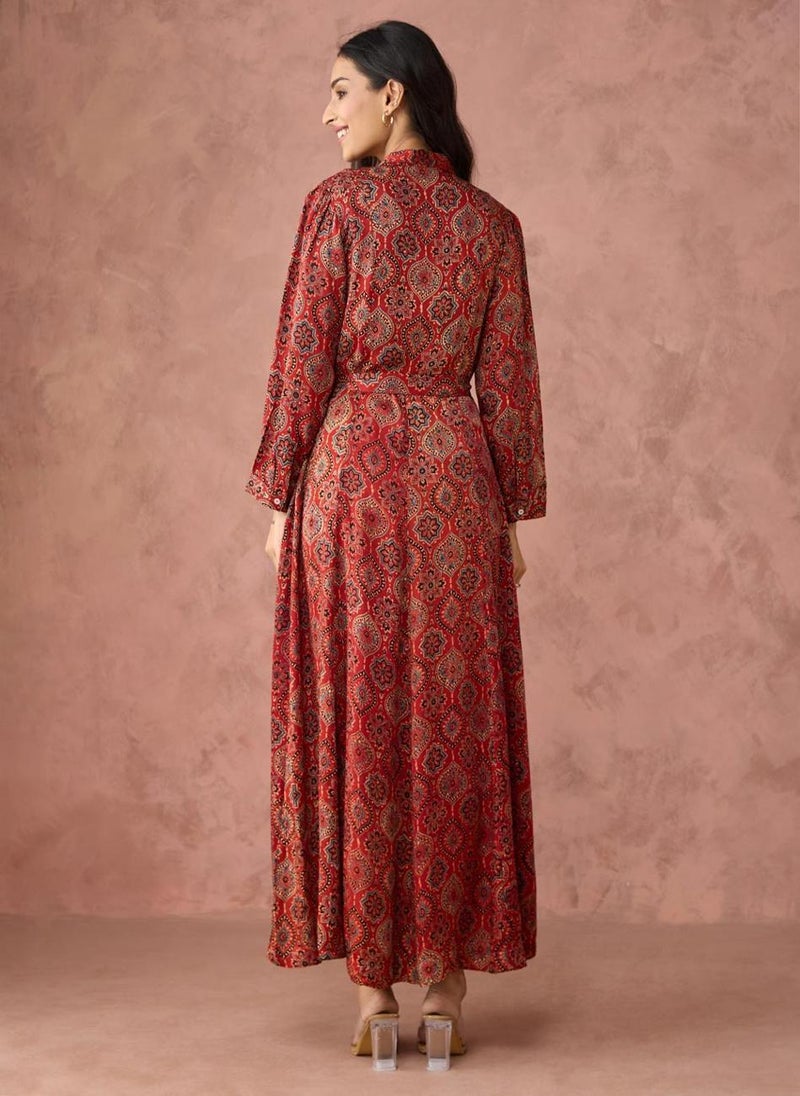 Red Rayon Blend Ajrakh Printed Maxi