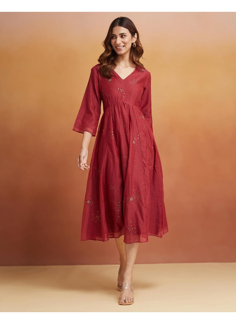 Maroon Cotton Silk Calf Length Midi Dress