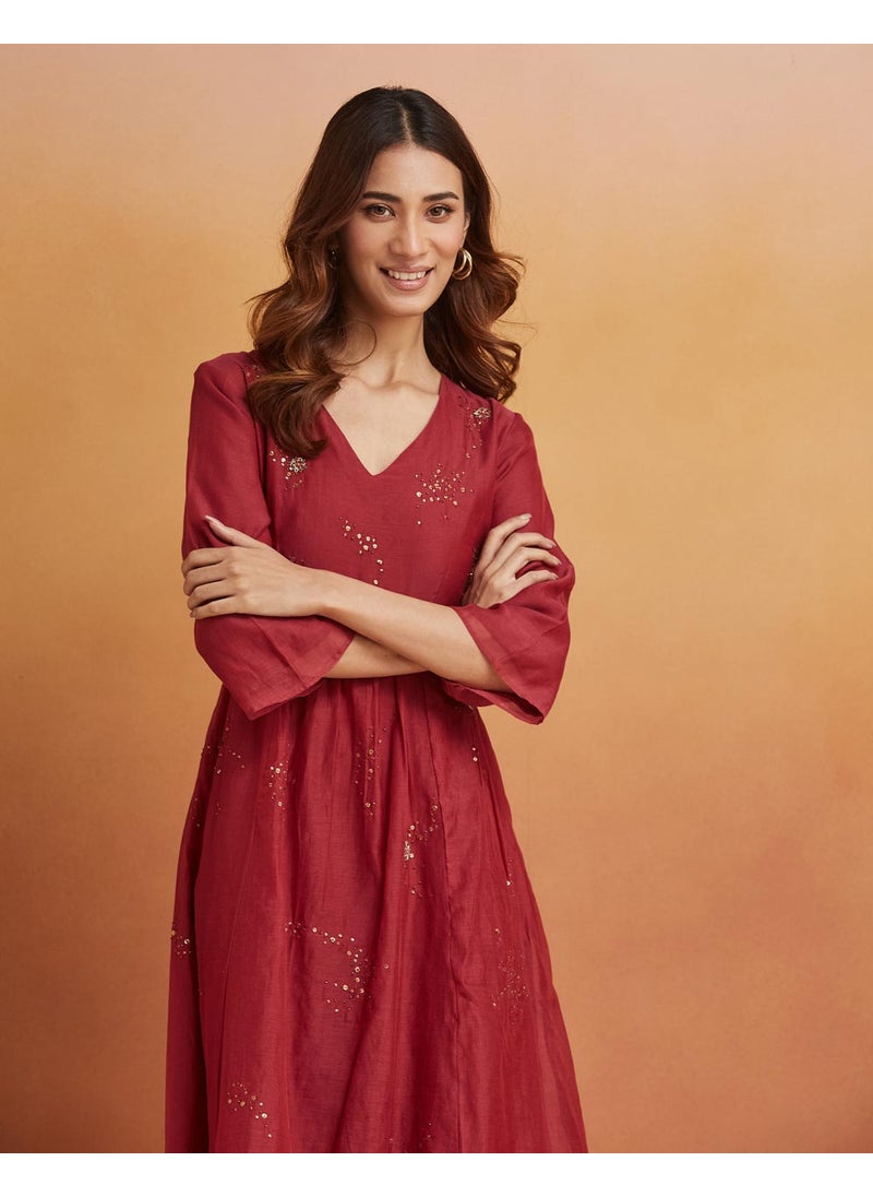 Maroon Cotton Silk Calf Length Midi Dress