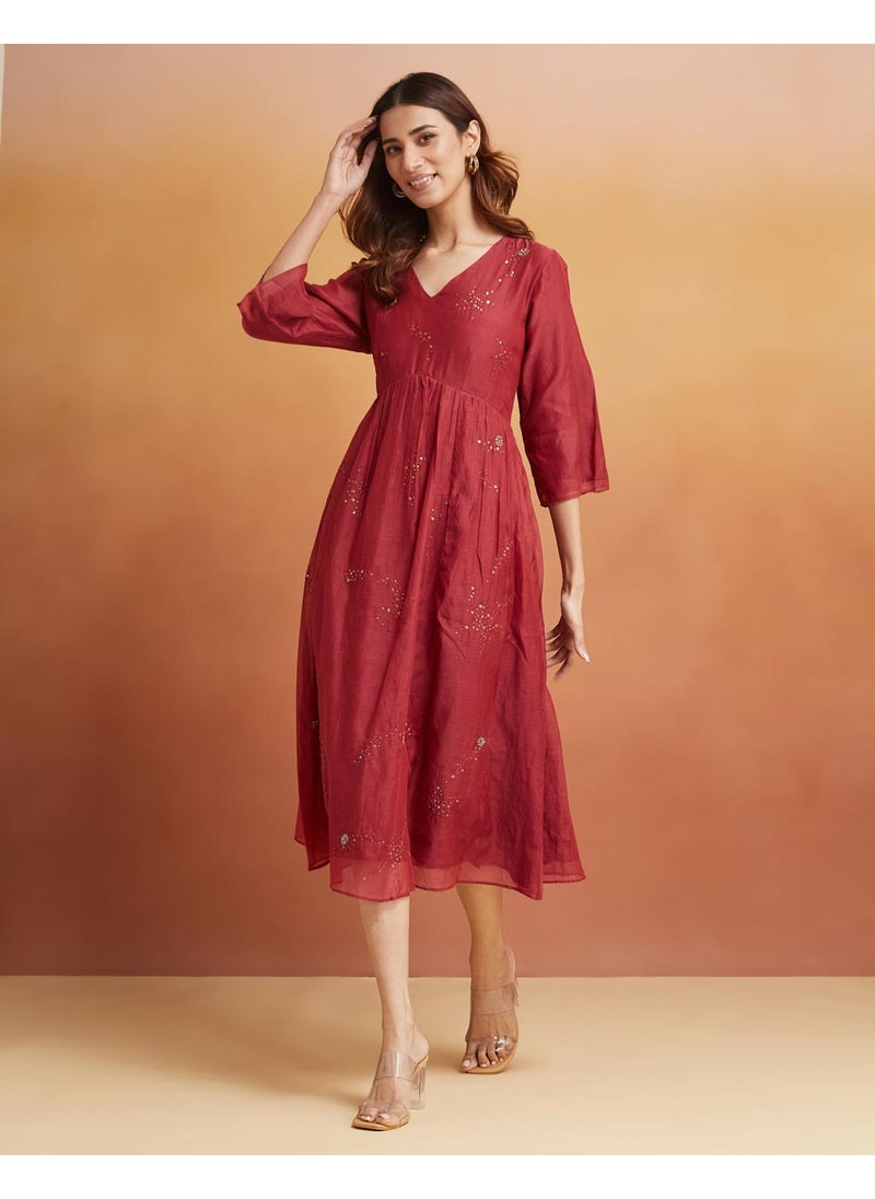 Maroon Cotton Silk Calf Length Midi Dress