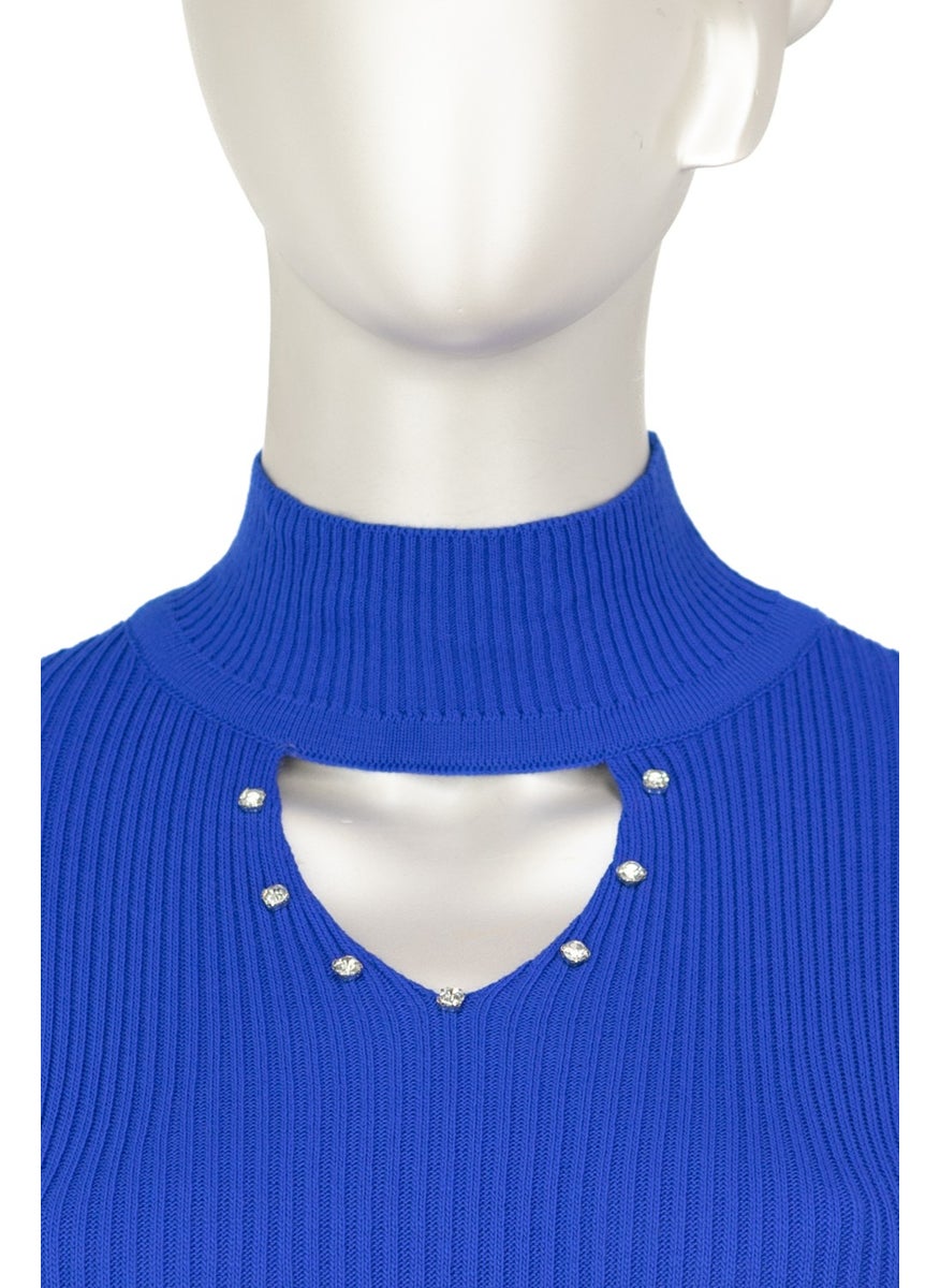 Women's Half Collar and Stone Long Sleeve Knitted Knitwear Sweater