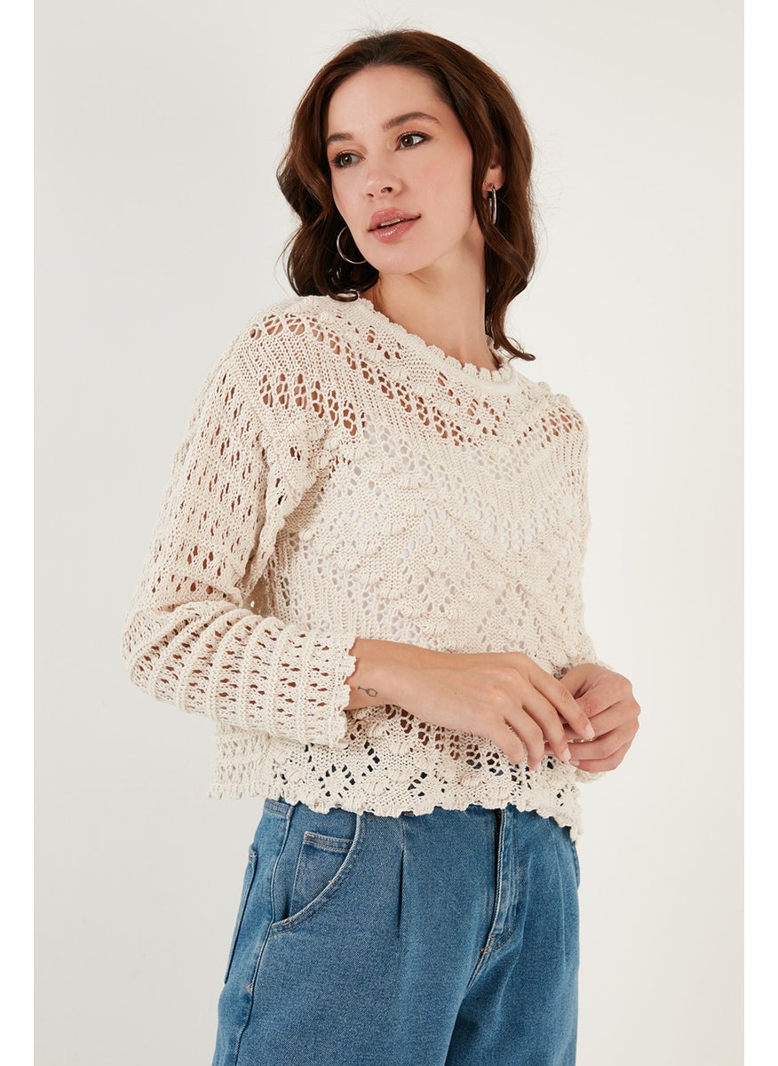 Openwork Crew Neck Knitted Sweater Women's Sweater 6071511