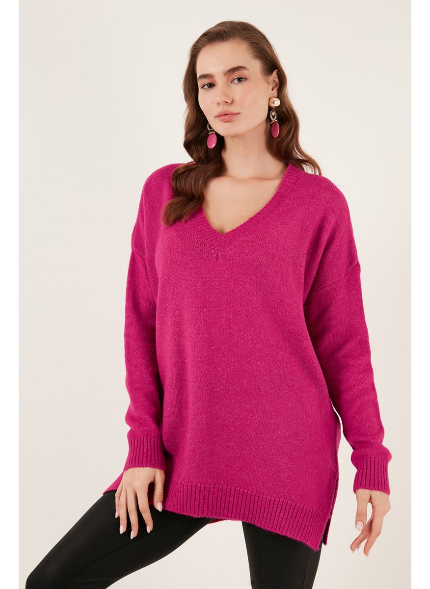 Regular Fit V-Neck Long Knitwear Sweater with Slits on the Sides Women's SWEATER 4616140