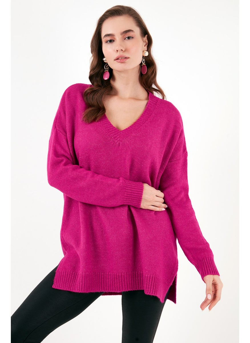 Regular Fit V-Neck Long Knitwear Sweater with Slits on the Sides Women's SWEATER 4616140