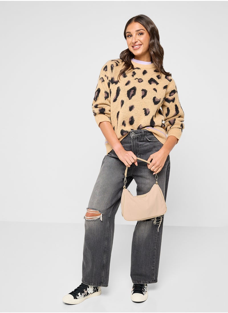 Leopard Print Crew Neck Sweater