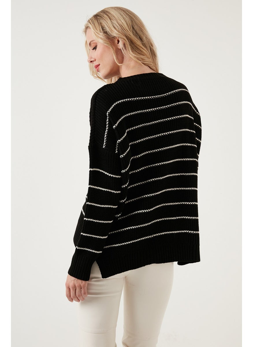 Striped Long Back Crew Neck Knitted Sweater Women's Sweater 4616133