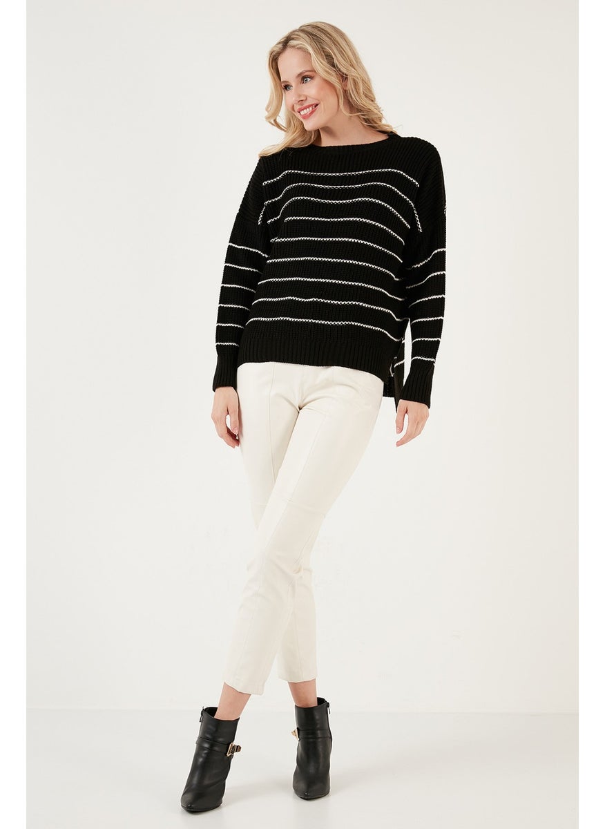 Striped Long Back Crew Neck Knitted Sweater Women's Sweater 4616133