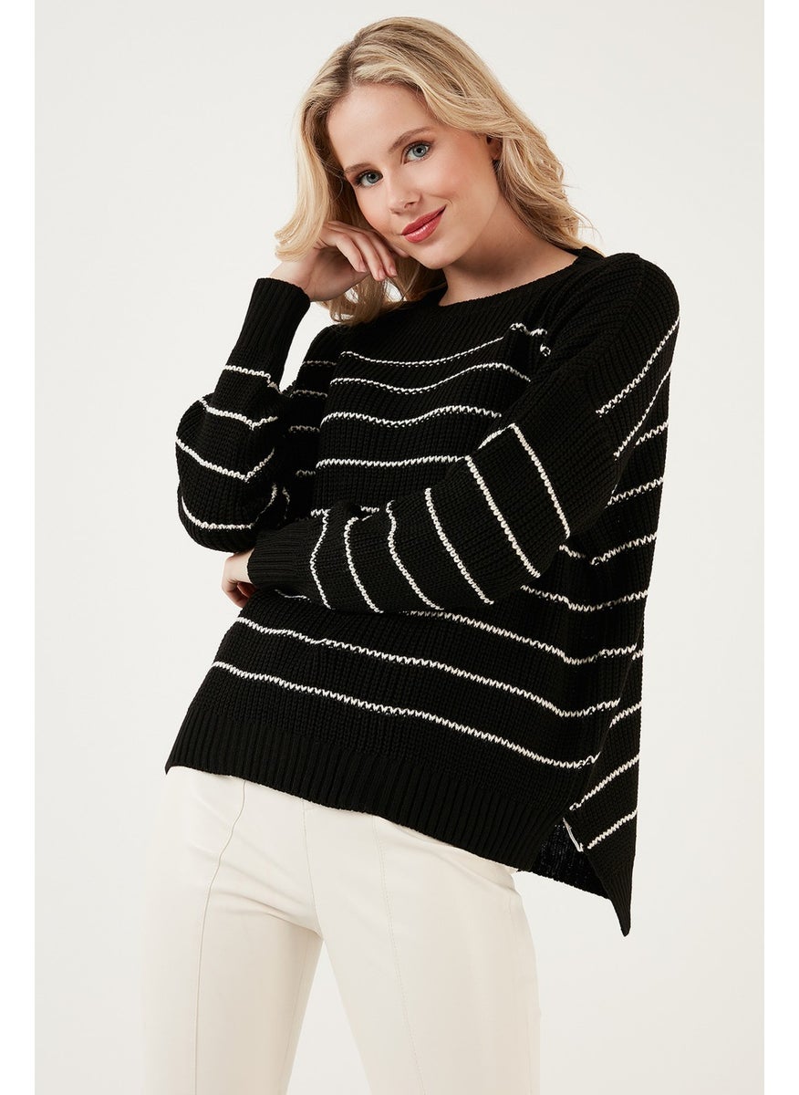 Striped Long Back Crew Neck Knitted Sweater Women's Sweater 4616133