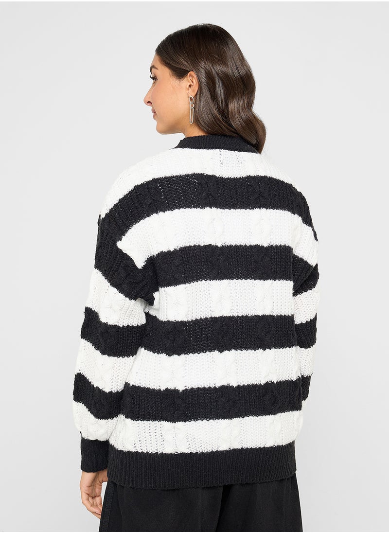 Monochrome Stripe Cable Knit Sweater