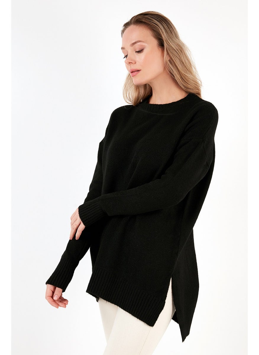 Comfortable Cut Slit Detailed Crew Neck Sweater Women's Sweater 4616142