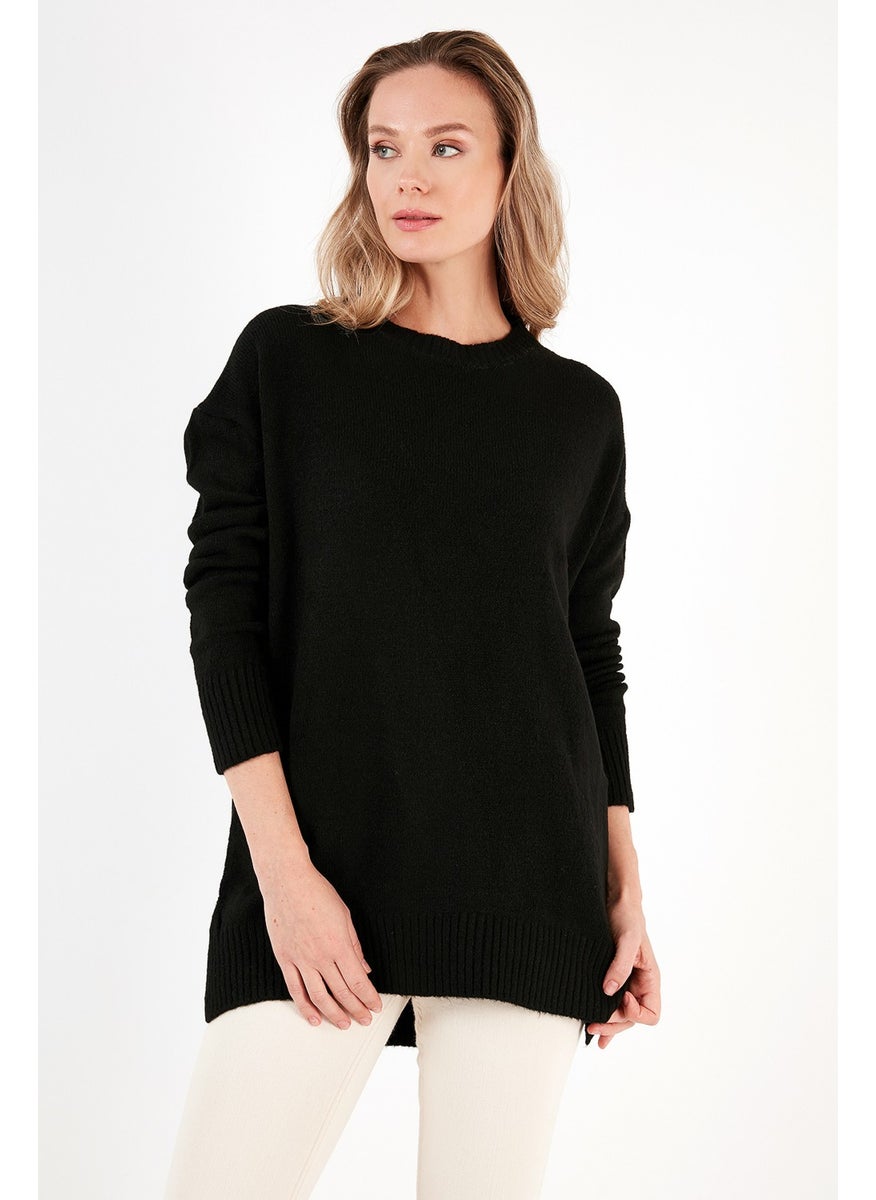 Comfortable Cut Slit Detailed Crew Neck Sweater Women's Sweater 4616142