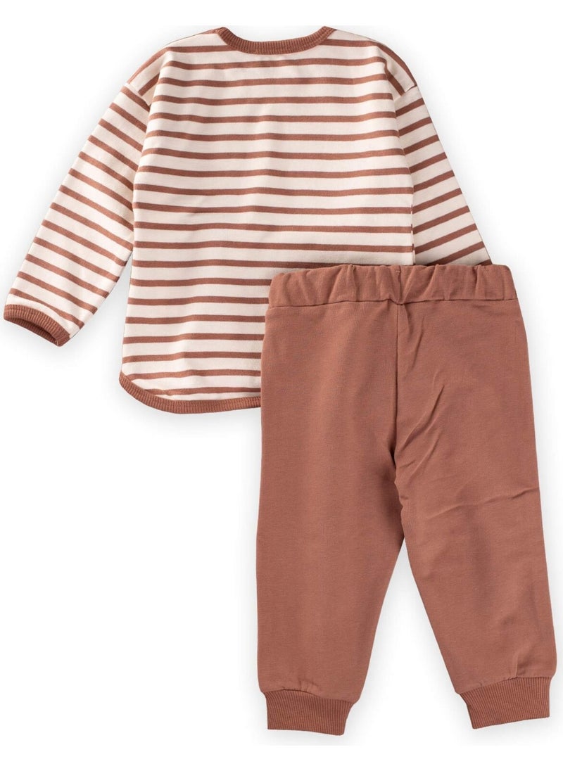 Cigit Striped Sweatshirt Set Brown