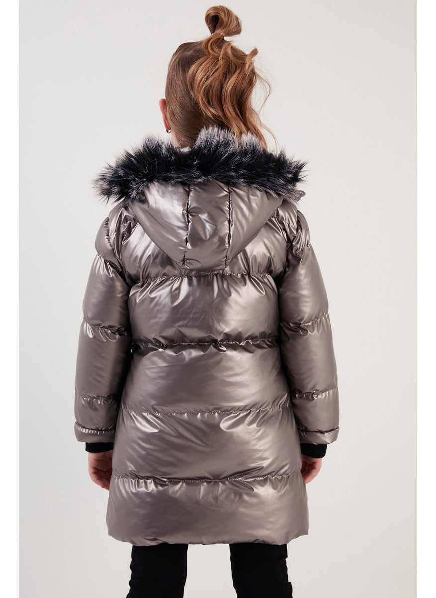 Plush Lined Faux Fur Collar Removable Hooded Winter Coat Girls' Coat 5761908
