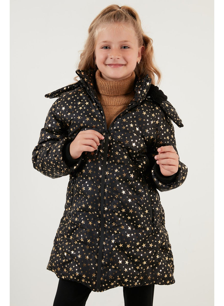Collar Faux Fur Star Pattern Removable Hooded Plush Lined Winter Coat Girl's Coat 5760050