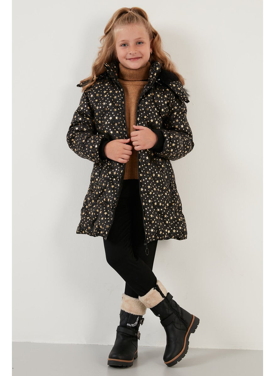 Collar Faux Fur Star Pattern Removable Hooded Plush Lined Winter Coat Girl's Coat 5760050