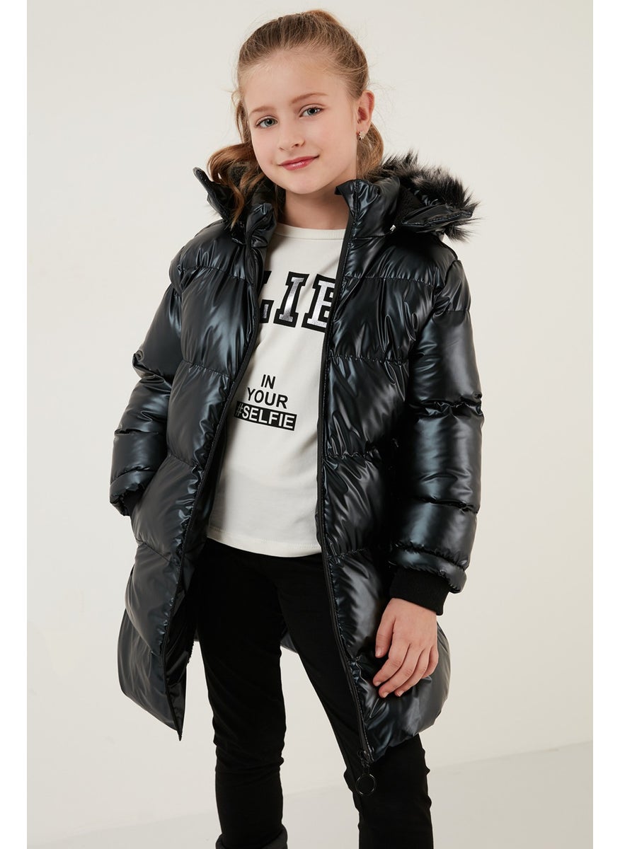 Plush Lined Faux Fur Collar Removable Hooded Winter Coat Girls' Coat 5761908