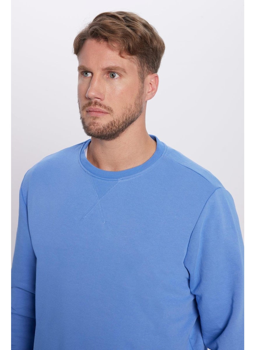 Relax Fit Comfortable Cut Cotton Basic Indigo Color Crew Neck Sweatshirt