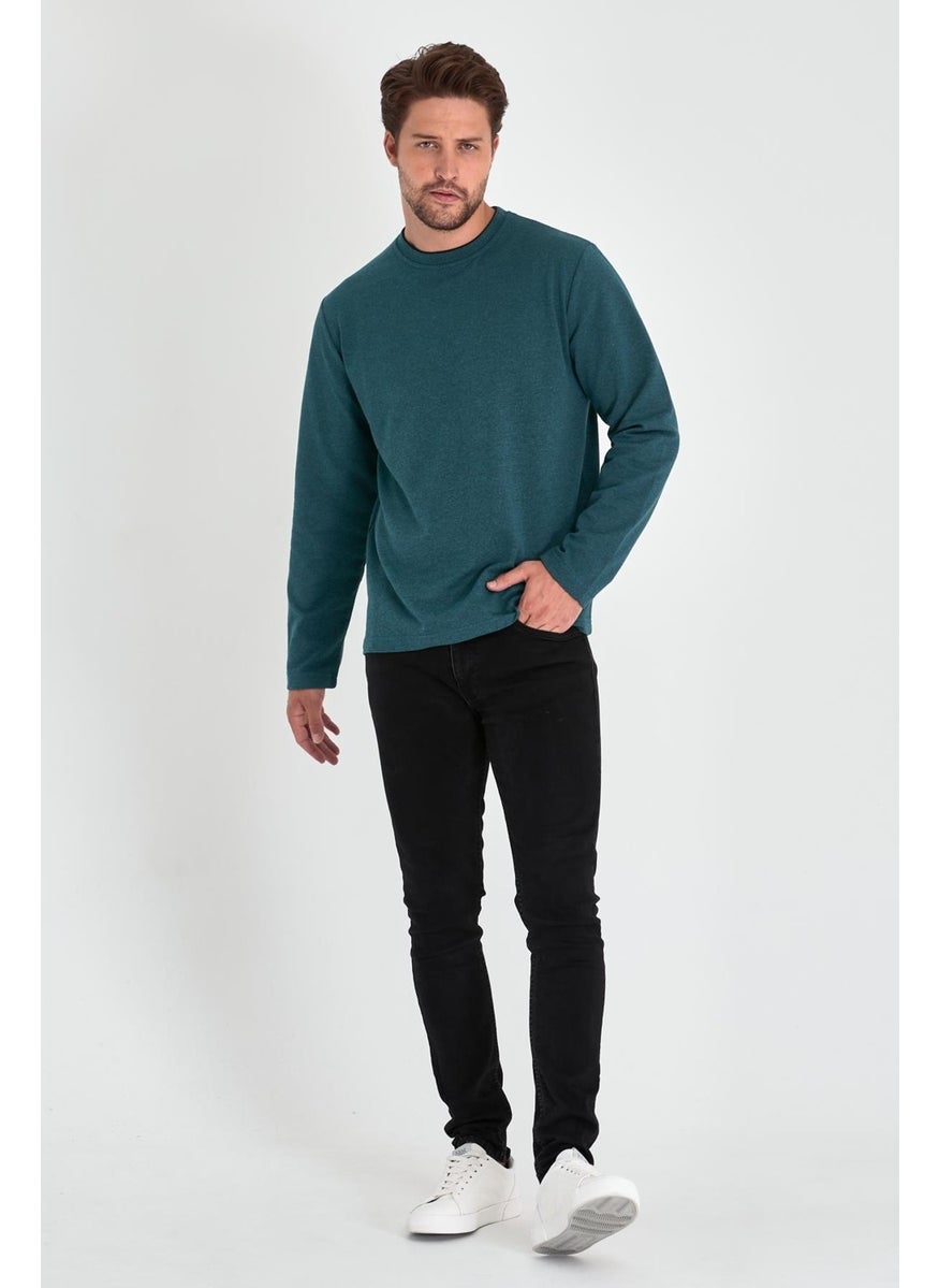 Men's Petrol Double Crew Neck Standard Comfortable Cut Sweatshirt