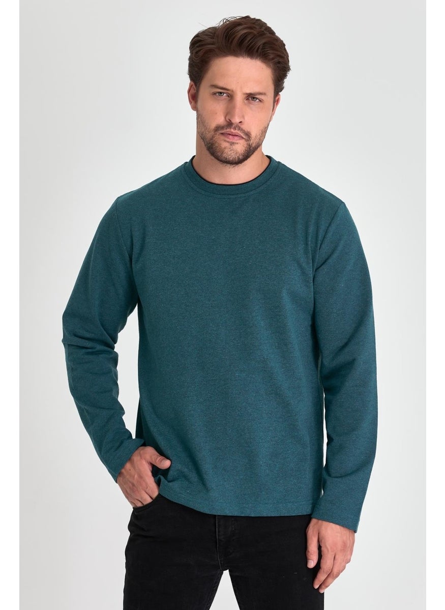 Men's Petrol Double Crew Neck Standard Comfortable Cut Sweatshirt