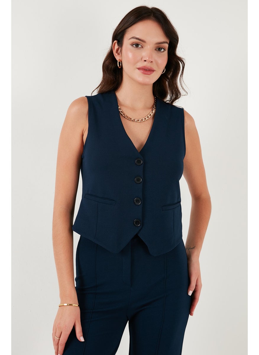 Stretch Fitted Fit V Neck Buttoned Vest Women's Vest 5865971