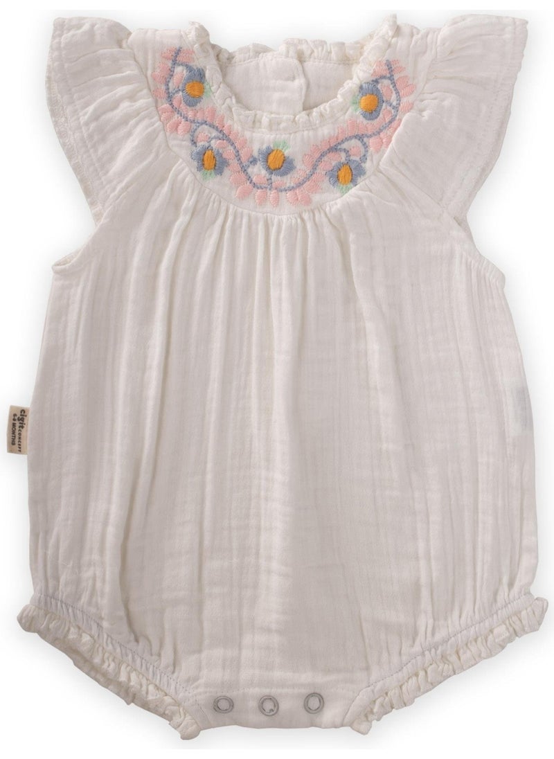 Embroidered Lace Detailed Muslin Bodysuit 0-3 Years Off White