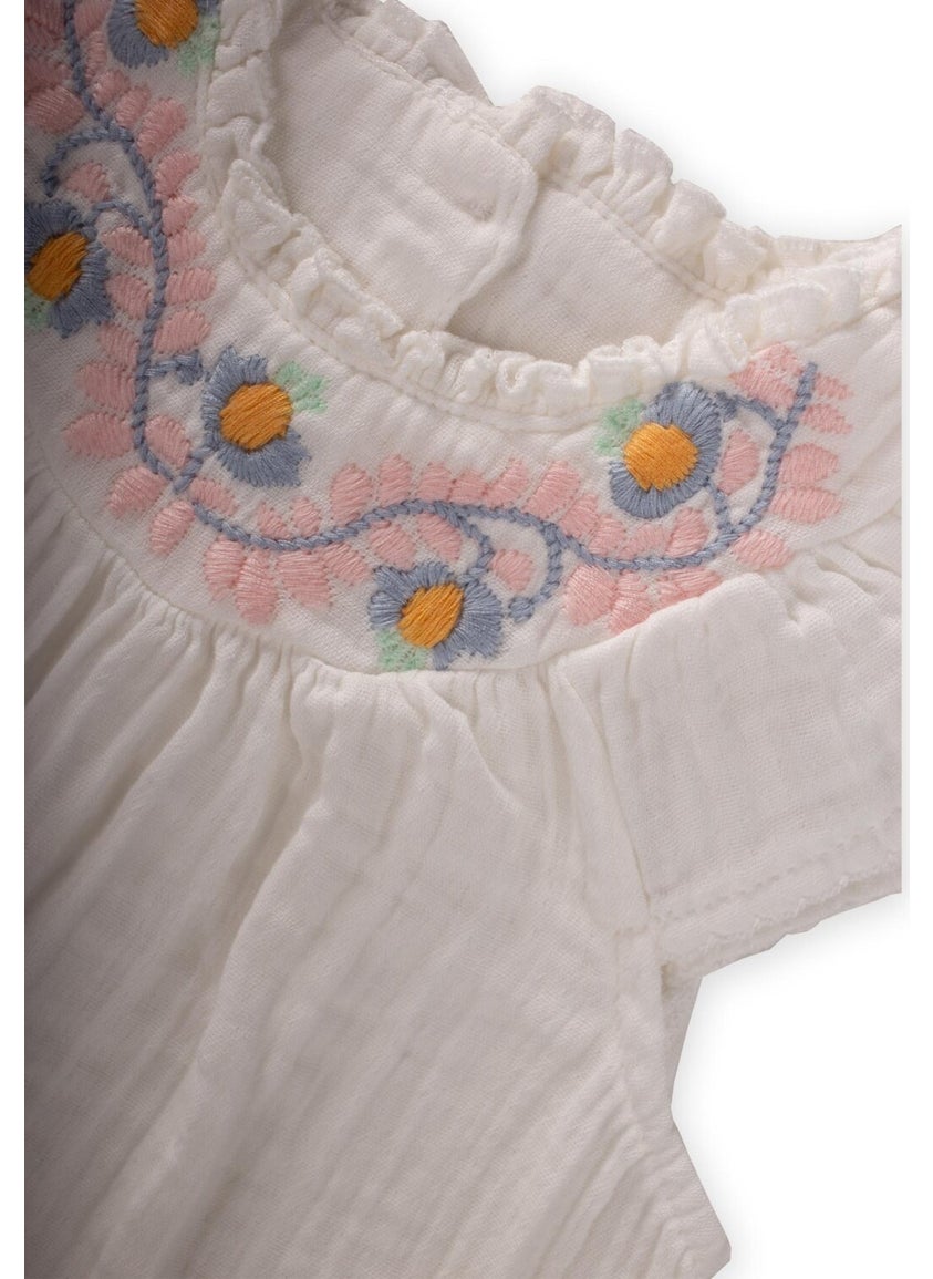 Embroidered Lace Detailed Muslin Bodysuit 0-3 Years Off White