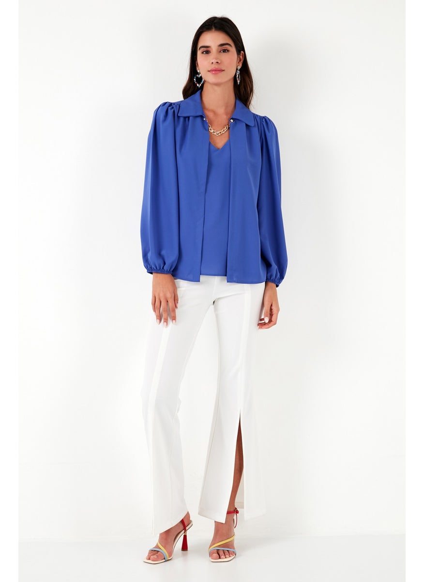 Regular Fit V-Neck Balloon Sleeve Blouse Women's Blouse 611BZ0353