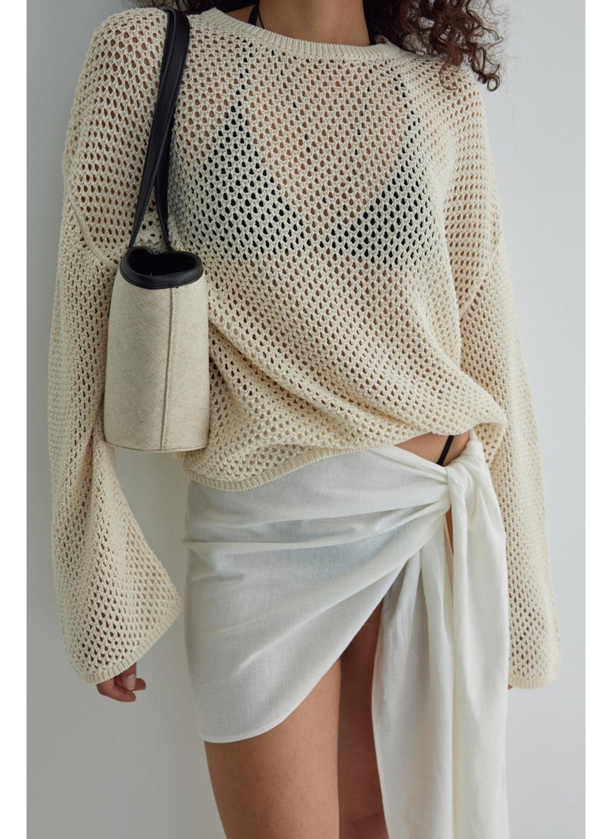 Saud Collection Beige Shell Openwork Mercerized Sweater