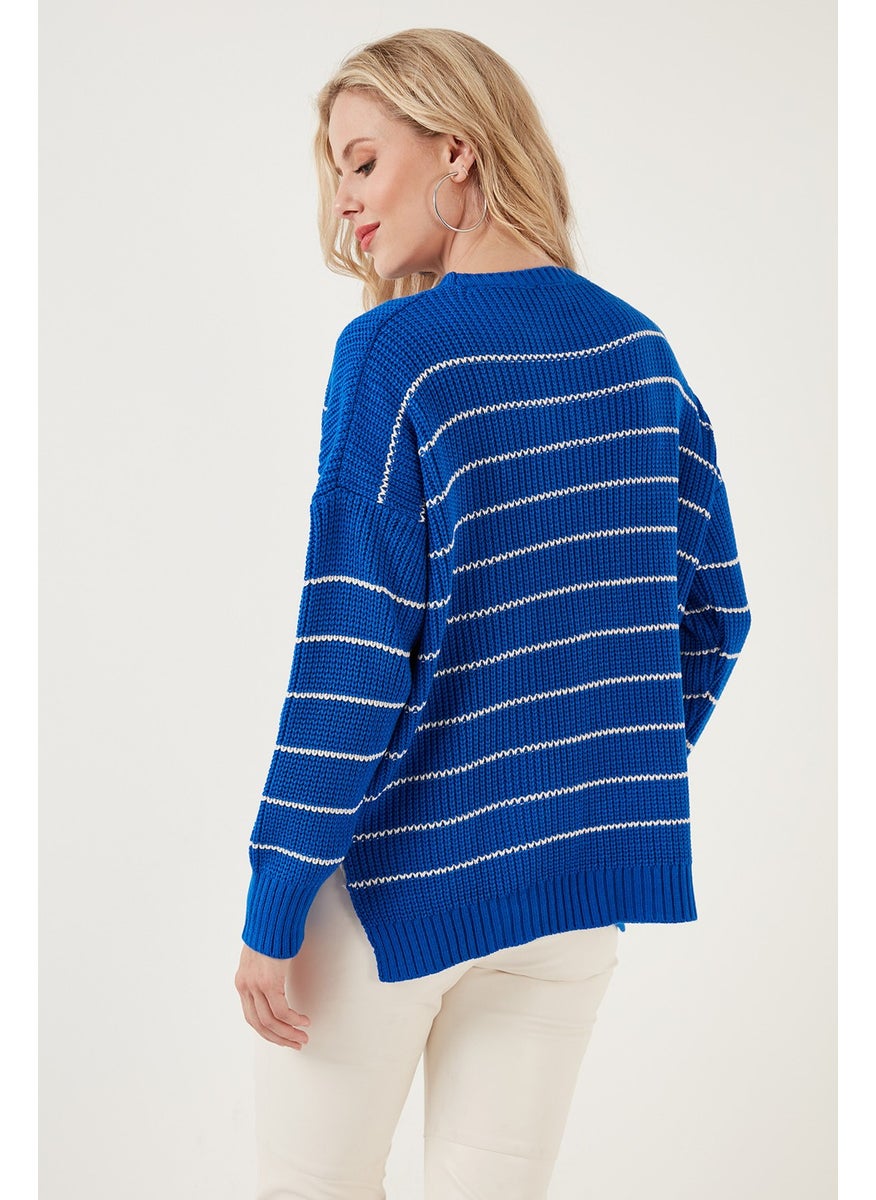 Striped Long Back Crew Neck Knitted Sweater Women's Sweater 4616133